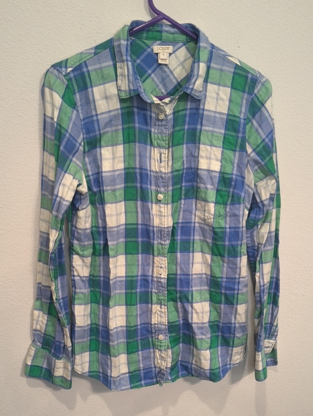 J. Crew Ladies Blue, Green & White Plaid Cotton Shirt Medium